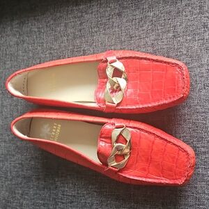 Red Stuart Weitzman patent Cocodrile  leather loafers With Gold  Trim